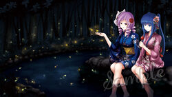  2girls barefoot blue_eyes blue_hair candy_apple colored_eyelashes commentary_request dlanor_a._knox drill_hair fireflies flower food fox_mask furudo_erika hair_flower hair_ornament japanese_clothes kimono kurahika mask multiple_girls night photoshop_(medium) pond purple_hair river sample_watermark short_kimono short_yukata sitting smile soaking_feet tree twintails umineko_no_naku_koro_ni watermark yellow_eyes yukata 