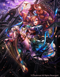  bat_(animal) blue_eyes boots bow building cardfight!!_vanguard coga commentary_request company_name curly_hair double_bun female full_body gloves hair_bun hat long_hair moon night night_sky official_art open_mouth orange_hair parasol photoshop_(medium) sky solo steam_maiden_merianna teeth tree umbrella 