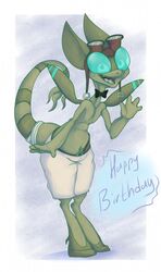  2017 4_fingers alternate_color anthro birthday border bow_(feature) bow_tie clothed clothing digital_drawing_(artwork) digital_media_(artwork) english_text eyewear eyewear_on_head fingers flygon freckles generation_3_pokemon gesture goggles goggles_on_head green_body green_skin happy_birthday hi_res looking_at_viewer lurry male nintendo open_mouth open_smile pokemon pokemon_(species) pokemorph scalie simple_background smile solo standing text textured_background topless waving white_border 