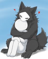  3_toes anon anthro black_body black_fur black_sclera blush blush_lines bodily_fluids breath canid canine changed_(video_game) claws digital_media_(artwork) duo emanata feet fur heart_symbol hi_res hug hugging_another hugging_from_behind human inner_ear_fluff male mammal pointy_ears prick_ears puro_(changed) raimuoekaki simple_background sweat sweatdrop toe_claws toes tuft white_body 