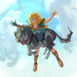  1:1 blonde_hair blue_eyes canid canine canis clothing cloud day duo elf feral fur hair hi_res humanoid humanoid_pointy_ears hylian light_body light_skin link male mammal markings nintendo open_mouth skydiving square_crossover stupjam tears_of_the_kingdom the_legend_of_zelda wolf wolf_link 