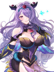  bare_shoulders black_panties breasts bug butterfly camilla_(fire_emblem) camilla_(resplendent)_(fire_emblem) cleavage covered_navel cowboy_shot fake_horns female fire_emblem fire_emblem_fates fire_emblem_heroes gloves hair_over_one_eye highres horns large_breasts long_hair looking_at_viewer official_alternate_costume panties purple_eyes purple_gloves purple_hair simple_background smile solo thighs underwear wavy_hair white_background zqzbq 