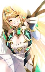  bare_legs bare_shoulders blonde_hair blush breasts chest_jewel cleavage dress earrings elbow_gloves female gloves grin headpiece highres jewelry large_breasts long_hair looking_at_viewer mythra_(xenoblade) ponfu_y smile solo swept_bangs teeth tiara very_long_hair xenoblade_chronicles_(series) xenoblade_chronicles_2 yellow_eyes 