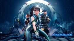  1boy 2girls absurdres adam_(stellar_blade) black_hair blunt_bangs bodysuit breasts brown_eyes cable commentary copyright_name drone english_commentary eve_(stellar_blade) floating gloves glowing green_bodysuit highres holding holding_sword holding_weapon lily_(stellar_blade) long_hair looking_at_viewer medium_breasts multicolored_bodysuit multicolored_clothes multiple_girls official_art official_wallpaper planet_diving_suit_(7th)_(stellar_blade) ponytail realistic science_fiction silver_bodysuit stellar_blade sword very_long_hair weapon 