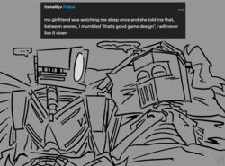  ambiguous/ambiguous ambiguous_gender armor bone duo ellipsis english_text greyscale headgear helmet humanoid machine monochrome mysterious_druid_knight new_blood_interactive not_furry robot skeleton sleeping sleeping_together text tumblr ultrakill v1_(ultrakill) volatilemask 