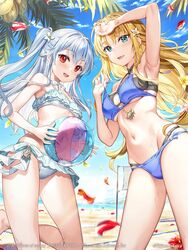  2girls :d arm_up ball beachball bikini black_bikini blonde_hair blue_bikini blue_eyes blue_sky breasts cloud commentary_request day flower fujima_takuya grey_hair groin hair_between_eyes holding holding_ball kagamihara_azumi layered_bikini medium_breasts multiple_girls navel one_side_up outdoors palm_tree red_eyes red_flower rigel_(z/x) sky small_breasts smile standing standing_on_one_leg swimsuit transparent tree white_bikini z/x 