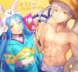  1boy azura_(fire_emblem) azura_(new_year)_(fire_emblem) blue_hair female fire_emblem fire_emblem_fates fire_emblem_heroes grey_hair japanese_clothes jurge kimono male_swimwear new_year paddle swim_trunks takumi_(fire_emblem) takumi_(summer)_(fire_emblem) yellow_eyes 