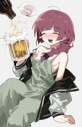  absurdres alcohol beer beer_mug blush blush_stickers bocchi_the_rock! braid breasts closed_eyes cup dress female foam gotoh_hitori green_dress grey_background hair_over_shoulder highres hiroi_kikuri holding holding_cup jacket jihecchi long_hair messy_hair mug nose_blush off_shoulder open_clothes open_jacket open_mouth pouring red_hair sharp_teeth simple_background single_blush_sticker single_braid sitting small_breasts spoken_character teeth 