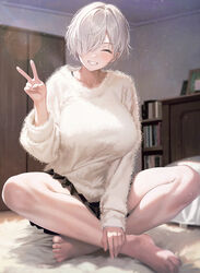  :d ^_^ bare_legs barefoot between_legs black_skirt blush book bookshelf bra_strap breasts closed_eyes facing_viewer feet female fur_sweater grey_hair grin hair_over_one_eye hand_between_legs hands_on_feet happy indian_style indoors kurono_mitsuki large_breasts lens_flare miniskirt one_eye_covered open_clothes original paid_reward_available short_hair sidelighting sitting skirt smile sweater toes tomboy_childhood_friend_(kurono_mitsuki) v white_sweater 