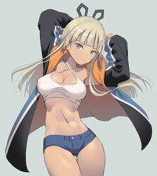  alice_gear_aegis araime_yasuri bikini bikini_top_only black_jacket blunt_bangs commentary_request dark-skinned_female dark_skin female grey_eyes highres jacket looking_at_viewer pinakes shorts solo swimsuit 