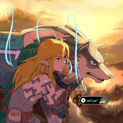  1:1 blonde_hair blue_eyes button_prompt canid canine canis clothing duo elf english_text feral fur gameplay_mechanics grass hair hi_res humanoid humanoid_pointy_ears hylian light_body light_skin link long_hair male mammal markings nintendo plant square_crossover stupjam tears_of_the_kingdom text the_legend_of_zelda wolf wolf_link 