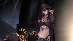  2girls black_eyes black_hair black_hat black_jacket black_tube_top building chinese_commentary city collarbone commentary deren_(path_to_nowhere) double_bun earrings grey_hair hair_bun half-closed_eyes hand_up hat heart heart_earrings heart_necklace heart_top highres holding holding_scroll hoop_earrings jacket jewelry lower_teeth_only miaotae multiple_girls navel necklace night notice_lines open_clothes open_jacket outdoors owo_(path_to_nowhere) path_to_nowhere scroll skylight skyscraper smile stomach strapless teeth tube_top 