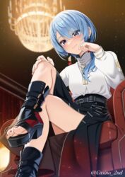  armchair black_footwear black_skirt blue_eyes blue_hair blush casino_(casinoep) chair closed_mouth crossed_legs earrings feet female from_below highres hololive hoshimachi_suisei hoshimachi_suisei_(oriental_suit) indoors jacket jewelry long_hair long_sleeves nail_polish official_alternate_costume red_nails revision sitting skirt solo star_(symbol) star_in_eye symbol_in_eye toeless_footwear toenail_polish toenails toes twitter_username virtual_youtuber white_jacket 