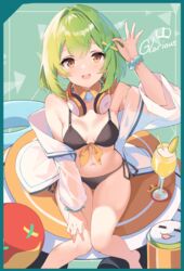  absurdres arm_up armpits bare_shoulders bikini black_bikini breasts chunithm detached_collar female front-tie_bikini_top front-tie_top green_hair hair_ornament hand_on_own_thigh headphones headphones_around_neck highres jacket long_sleeves looking_at_viewer medium_breasts mushpz navel off_shoulder open_clothes open_jacket open_mouth orange_eyes scrunchie see-through see-through_sleeves short_hair side-tie_bikini_bottom sitting sky_feather_(chunithm) smile solo stomach string_bikini swimsuit thigh_gap thighs white_jacket wrist_scrunchie x_hair_ornament 