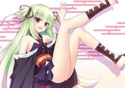  :d bare_shoulders black_kimono blunt_bangs blunt_ends blush breasts brown_footwear commentary_request criss-cross_halter drop_shadow eyes_visible_through_hair feet_out_of_frame female green_hair hair_ribbon halterneck hand_up happy highres hime_cut japanese_clothes kimono legs_up long_hair looking_at_viewer murasame_(senren) open_mouth pom_pom_(clothes) red_eyes red_ribbon red_sash ribbon sandals sash senren_banka sesen2000 short_kimono sidelocks simple_background sitting small_breasts smile solo straight_hair tsurime two_side_up very_long_hair waving white_background 