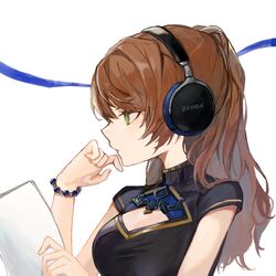  beatrix_(granblue_fantasy) bracelet breasts brown_hair cleavage cleavage_cutout clothing_cutout facing_to_the_side female granblue_fantasy green_eyes hand_to_own_mouth headphones holding holding_paper jewelry long_hair looking_ahead medium_breasts motoaki paper ponytail simple_background solo wavy_hair white_background 