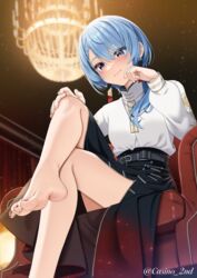  armchair bare_legs barefoot black_skirt blue_eyes blue_hair blush casino_(casinoep) chair closed_mouth crossed_legs earrings feet female foot_focus foreshortening from_below highres hololive hoshimachi_suisei hoshimachi_suisei_(oriental_suit) indoors jacket jewelry long_hair long_sleeves nail_polish official_alternate_costume red_nails revision sitting skirt soles solo star_(symbol) star_in_eye symbol_in_eye toenail_polish toenails toes twitter_username virtual_youtuber white_jacket 