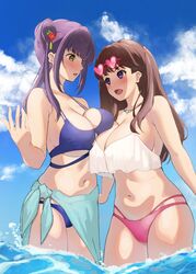  2girls angry bikini blue_eyes blue_sky breast_on_breast breasts brown_hair cleavage cloud commentary_request eyewear_on_head flower fujishima_megumi green_eyes hair_flower hair_ornament heart heart-shaped_eyewear highres jewelry large_breasts link!_like!_love_live! long_hair looking_at_viewer love_live! mortdecai multiple_girls navel necklace open_mouth otomune_kozue pink_bikini purple_bikini purple_hair side_ponytail skirt sky sunglasses swimsuit underboob water 