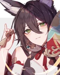  animal_ears bare_shoulders breasts brown_hair cleavage collar commentary_request detached_sleeves female fox_ears fox_girl green_eyes hair_between_eyes hair_intakes hand_fan hand_up highres holding_charm honkai:_star_rail honkai_(series) karamaru626 light_blush looking_at_viewer medium_breasts portrait shirt smile solo tingyun_(honkai:_star_rail) white_collar white_shirt white_sleeves 