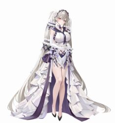  absurdly_long_hair azur_lane black_footwear breasts bridal_veil brown_eyes commentary dress elbow_gloves female formidable_(azur_lane) formidable_(timeless_classics)_(azur_lane) full_body gloves grey_hair hair_tubes head_tilt highres large_breasts long_hair looking_at_viewer manus_(manuspupa) navel official_alternate_costume shoes simple_background sleeveless sleeveless_dress solo star_(symbol) twintails veil very_long_hair wedding_dress white_background white_dress white_gloves 