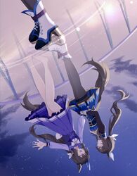  2girls :d admire_vega&#039;s_twin_sister_(umamusume) admire_vega_(umamusume) animal_ears arm_warmers barefoot black_thighhighs blue_dress blush bow closed_eyes cloud commentary_request dot_nose dress ear_covers fingerless_gloves frilled_dress frills full_body gloves gold_trim hair_ribbon high_heels highres horse_ears horse_girl horse_tail koyox_ll long_hair long_sleeves looking_at_another low_ponytail meteor_shower multiple_girls night night_sky outdoors pleated_dress purple_dress purple_eyes ribbon ripples shoes shooting_star siblings sidelocks single_ear_cover sisters sky smile spread_fingers star_(sky) starry_sky tail thigh_strap thighhighs umamusume upside-down white_bow white_footwear white_ribbon white_wrist_cuffs wrist_cuffs 