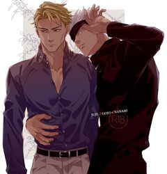  2boys belt black_blindfold black_jacket blindfold blonde_hair blue_shirt border character_name collarbone collared_shirt copyright_name cover cover_page cowboy_shot doujin_cover floral_background gojou_satoru grey_background hair_slicked_back jacket jujutsu_kaisen kijinkutsu male_focus mature_male multiple_boys nanami_kento pectoral_cleavage pectorals peeking_out shirt single_arm_hug white_border white_hair yaoi 