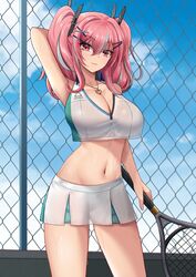  absurdres arm_behind_head arm_up armpits azur_lane bare_shoulders blue_sky breasts bremerton_(azur_lane) bremerton_(scorching-hot_training)_(azur_lane) chain-link_fence cleavage closed_mouth cloud collarbone collared_shirt commentary cowboy_shot crop_top crop_top_overhang day female fence green_skirt grey_hair hair_between_eyes hair_ornament hairclip heart heart_necklace highres holding holding_racket jewelry large_breasts long_hair looking_at_viewer midriff miniskirt mole mole_under_eye multicolored_hair navel necklace official_alternate_costume outdoors pink_eyes pink_hair racket shirt sidelocks skirt sky sleeveless sleeveless_shirt smile solo sportswear standing streaked_hair sweat tennis_racket tennis_uniform twintails two-tone_hair two-tone_shirt two-tone_skirt white_shirt white_skirt x_hair_ornament zeukiar 