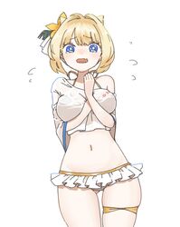  ass_visible_through_thighs bikini blonde_hair blue_eyes blush breasts brown_dust_2 crying crying_with_eyes_open demon_horns eyebrows_hidden_by_hair feet_out_of_frame female flying_sweatdrops frilled_bikini frills hair_between_eyes hair_ornament hand_on_own_chest horns jacket justia_(brown_dust) justia_(pool_party)_(brown_dust) large_breasts lipstick_mark looking_at_viewer mofffmoth navel oerba_yun_fang simple_background skin_fang skindentation small_horns solo stomach swimsuit tears thigh_strap white_background white_bikini white_jacket 