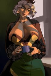  absurdres breasts cleavage cup dairenke_art earrings female flower_earrings green_eyes green_nails grey_hair highres holding holding_cup jewelry large_breasts looking_to_the_side marvel marvel_rivals official_alternate_costume rogue_(pajama_party)_(x-men) rogue_(x-men) solo 