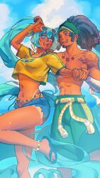  1boy abs absurdly_long_hair anklet aqua_hair artist_name bead_choker belly_chain black_eyes black_hair blue_shorts blue_sky blush brazilian_flag brazilian_flag_print brazilian_miku cloud cloudy_sky cropped_shirt earrings eyewear_on_head facial_hair female flip-flops flower foot_out_of_frame goatee green_nails green_shorts hair_flower hair_ornament hands_up hatsune_miku highres holding_hands jewelry long_hair lucio_(overwatch) okitafuji open_mouth overwatch overwatch_1 print_shirt red_flower sandals shirt short_shorts shorts shorts_tan signature sky smile sunglasses tan tanlines tattoo very_long_hair vocaloid white-framed_eyewear yellow_nails yellow_shirt 