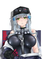  absurdres artist_name baseball_cap black_gloves blue_hair breasts breasts_apart character_name cross_hair_ornament english_commentary female girls&#039;_frontline girls&#039;_frontline_2:_exilium gloves hair_ornament hat highres hk416_(girls&#039;_frontline) large_breasts looking_at_viewer nym+_(nymplus) off_shoulder parted_lips partially_open_jacket purple_background red_gloves sidelocks solo straight-on teardrop_facial_mark teardrop_tattoo two-tone_background two-tone_gloves upper_body white_background 