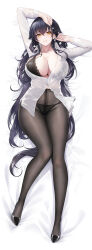  alexiel_(pixiv6211566) arm_up azuma_(azur_lane) azur_lane bed_sheet black_bra black_footwear black_hair black_panties black_pantyhose blush bra breasts cleavage collarbone dakimakura_(medium) female full_body hair_between_eyes hair_ornament highres large_breasts long_hair long_sleeves looking_at_viewer lying on_back on_bed panties panties_under_pantyhose pantyhose see-through see-through_shirt shirt smile underwear white_shirt yellow_eyes 