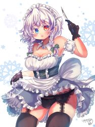  black_gloves black_thighhighs blue_eyes braid breasts commentary_request female garter_straps gloves heterochromia highres holding holding_knife izayoi_sakuya kemo_chiharu knife lingerie looking_at_viewer maid maid_headdress open_mouth red_eyes side_braids signature simple_background solo thighhighs touhou twin_braids underwear white_background 