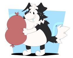  2024 anthro belly bluey_(series) bodily_fluids border_collie canid canine canis chest_tuft collie detailed_background domestic_dog drooling food fur happy herding_dog hi_res holding_food holding_object mackenzie&#039;s_dad_(bluey) male mammal meat multicolored_body multicolored_fur overweight overweight_anthro overweight_male pastoral_dog saliva sausage sheepdog smile solo standing stare tail tail_tuft toothystuff tuft tufted_fur 