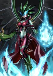  assault_visor blue_nails bodysuit bosgarong breasts duel_monster evil_hero_inferno_wing female green_hair green_wings highres medium_breasts pants red_pants shoulder_spikes solo spikes wings yu-gi-oh! 