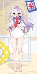  ahoge barefoot beach breasts clothes_writing eyelashes female food fruit gradient_hair grey_hair hair_between_eyes henya_the_genius henya_the_genius_(3rd_costume) highres ichiko_1234 long_hair looking_at_viewer multicolored_hair no_pants open_mouth purple_hair shadow shirt small_breasts solo swim_ring virtual_youtuber vshojo watermelon white_shirt yellow_eyes 