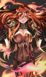  absurdres ahoge barona black_background black_bikesuit black_gloves blonde_hair breasts cleavage commentary_request earrings eyewear_on_head female fire floating_hair genshin_impact gloves hair_between_eyes highres jewelry large_breasts light_smile lips long_hair long_sleeves looking_at_viewer mavuika_(genshin_impact) multicolored_hair parted_lips partial_commentary partially_unzipped pyrokinesis red_eyes red_hair rimless_eyewear solo sun-shaped_pupils tinted_eyewear very_long_hair wide_sleeves yellow_pupils 