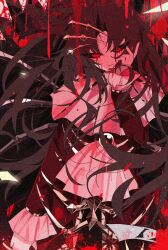  ascot black_sclera blood blood_from_eyes blood_on_clothes blood_on_face brown_hair colored_sclera dress e.g.o_(project_moon) female frilled_sleeves frills hand_up highres lemonail library_of_ruina limbus_company long_hair looking_at_viewer parted_bangs parted_lips project_moon red_dress red_eyes rodion_(project_moon) sanguine_desire_(e.g.o) sidelocks smile solo very_long_hair white_ascot 