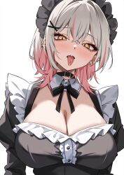  black_dress blush breasts cleavage collar detached_collar dress earrings female forked_tongue grey_hair highres jewelry large_breasts long_sleeves looking_at_viewer maid_headdress marisasu_(marisa0904) open_mouth original piercing pink_hair short_hair solo tongue tongue_out tongue_piercing yellow_eyes 