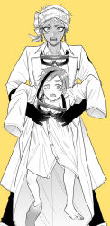  2boys aged_down armpit_carry commentary_request floyd_leech goggles goggles_around_neck greyscale_with_colored_background heterochromia kalim_al-asim lab_coat lolicon male_focus multiple_boys oversized_clothes shinozaki_kyouko short_hair simple_background twisted_wonderland yellow_background 