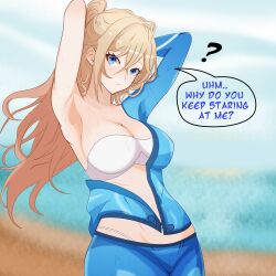  ? absurdres armpits arms_up bandeau beach bianka_durandal_ataegina bikini blonde_hair blue_eyes blue_jacket blue_pants blue_sky breasts cleavage day english_commentary female hair_between_eyes highres honkai_(series) honkai_impact_3rd jacket large_breasts long_hair long_sleeves looking_at_viewer outdoors pants ponytail quelang single_bare_shoulder sky solo speech_bubble strapless strapless_bikini swimsuit upper_body very_long_hair white_bikini 