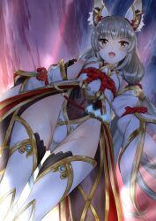  animal_ear_fluff animal_ears ass_visible_through_thighs blush cat_ears cat_girl covered_navel dot_nose fangs female from_below gold_trim grey_hair groin highleg highres jksfs long_hair looking_at_viewer nia_(blade)_(xenoblade) nia_(xenoblade) open_mouth rope shimenawa skin_fangs solo standing xenoblade_chronicles_(series) xenoblade_chronicles_2 yellow_eyes 