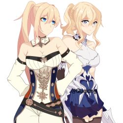  2girls absurdres arms_behind_back bare_shoulders belt bianka_durandal_ataegina bianka_durandal_ataegina_(cosplay) black_belt black_gloves blonde_hair blue_dress blue_eyes breasts cleavage cosplay costume_switch cowboy_shot detached_collar detached_sleeves dress english_commentary genshin_impact gloves highres honkai_(series) honkai_impact_3rd jean_(genshin_impact) jean_(genshin_impact)_(cosplay) long_hair looking_at_viewer medium_breasts mihoyo multiple_girls pants ponytail quelang shirt sidelocks simple_background single_sidelock sleeveless sleeveless_dress standing strapless strapless_shirt thighhighs two-tone_dress very_long_hair white_background white_dress white_pants white_shirt 