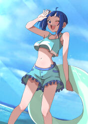  absurdres bikini bikini_shorts blue_bikini blue_eyes blue_hair blue_sky cloud cloudy_sky commentary_request cut_bangs day dutch_angle female hakuino_hakase highres hirogaru_sky!_precure holding holding_swim_ring horizon looking_at_viewer medium_hair navel ocean one_eye_closed one_side_up open_mouth outdoors partial_commentary precure shading_eyes shorts side_ponytail single_sidelock sky smile solo sora_harewataru standing swim_ring swimsuit unfinished 