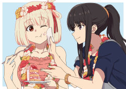  2girls asada7101 bikini black_hair blonde_hair blue_shirt border cake closed_mouth collarbone commentary cube_hair_ornament eating food food_on_face fork grey_overalls hair_ornament hair_ribbon highres holding holding_fork holding_plate inoue_takina long_hair lycoris_recoil multiple_girls nishikigi_chisato one_eye_closed one_side_up outside_border overalls plate ponytail purple_eyes red_eyes red_ribbon ribbon shirt short_hair sidelocks swimsuit upper_body white_border wiping_face 