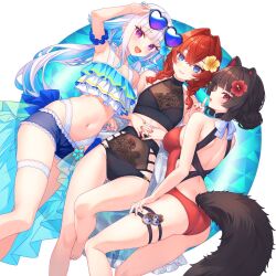  3girls :d abstract_background adjusting_eyewear ange_katrina animal_ears anklet arm_garter arm_up armlet armpits ass ass_visible_through_thighs back back_bow ban_(inui_toko) bare_arms bare_legs bare_shoulders barefoot bikini black-framed_eyewear black_bikini black_hair black_straps blue-tinted_eyewear blue_background blue_bikini blue_bow blue_eyes blue_flower blue_hair blue_nails blue_overskirt blunt_bangs blunt_sidelocks blush bow braid breasts casual_one-piece_swimsuit circle collarbone colored_inner_hair crossed_bangs crossed_belts dog_ears dog_girl dog_tail eyelashes eyewear_on_head feet_out_of_frame finger_to_mouth flat_chest flipped_hair floral_print flower frilled_bikini frilled_robe frills gold_anklet gold_armlet gold_belt gold_thighlet groin hair_bun hair_flower hair_intakes hair_ornament hair_over_shoulder hand_on_own_thigh hands_on_own_stomach heart heart-shaped_eyewear heterochromia hibiscus highres interlocked_fingers inui_toko jewelry ken_(inui_toko) knee_up knees_apart_feet_together knees_together_feet_apart kutori_pan&#039;ya lace-trimmed_shorts lace-trimmed_sleeves lace_trim layered_bikini lize_helesta long_bangs long_hair looking_at_viewer low_ponytail low_twin_braids lying matching_accessory medium_breasts medium_hair multicolor-tinted_eyewear multicolored_hair multiple_girls multiple_thigh_straps nail_polish navel nijisanji off_shoulder on_back on_side one-piece_swimsuit open_clothes open_mouth open_robe oversized_eyewear overskirt own_hands_together purple-tinted_eyewear purple_eyes reclining red_eyes red_flower red_hair red_nails red_one-piece_swimsuit robe sanbaka_(nijisanji) see-through_bikini see-through_overskirt short_shorts shorts shoulder_blades shushing sidelocks skindentation smile sunglasses swimsuit tail tail_belt tankini thigh_gap thigh_strap thighlet tinted_eyewear twin_braids two-tone_hair very_long_hair virtual_youtuber white_background white_bikini white_bow white_hair white_robe wide_sleeves yellow_eyes yellow_flower 