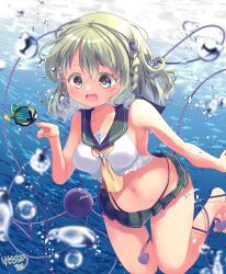  alternate_hairstyle ascot bikini braid bubble commentary_request female frilled_bikini frills full_body green_hair green_sailor_collar heart heart-shaped_pupils heart_of_string highres kemo_chiharu komeiji_koishi looking_at_viewer navel open_mouth outdoors sailor_collar short_hair side_braid signature solo swimsuit symbol-shaped_pupils third_eye touhou underwater yellow_ascot 