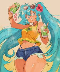  1980s_(style) aqua_eyes aqua_hair bangle bikini_tan blue_shorts bracelet brazilian_miku breasts camisole can cutoffs dark-skinned_female dark_skin drink_can earrings exposed_pocket eyewear_on_head female flower hair_flower hair_ornament hatsune_miku hibiscus highleg highleg_panties highres holding holding_can hoop_earrings index_finger_raised jewelry long_hair medium_breasts navel panties retro_artstyle short_shorts shorts soda_can solo sunglasses tan tanlines thick_thighs thighs twintails underwear very_long_hair vizaz vocaloid white-framed_eyewear yellow_camisole 