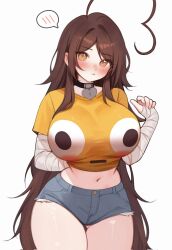  ahoge bandaged_arm bandages blush breasts brown_hair choker commentary emoji english_commentary female flushed_face_emoji flushed_face_emoji_shirt_(meme) hair_between_eyes highres huge_ahoge indie_virtual_youtuber large_breasts long_hair meme navel shirt sky_above_me sky_above_me_(vtuber) spoken_blush thick_thighs thighs torn_bandages very_long_hair virtual_youtuber wide_hips yellow_shirt 