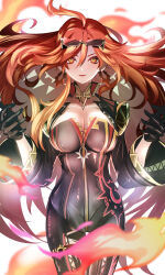  absurdres ahoge barona black_bikesuit black_gloves blonde_hair breasts cleavage commentary_request earrings eyewear_on_head female fire floating_hair genshin_impact gloves hair_between_eyes highres jewelry large_breasts light_smile lips long_hair long_sleeves looking_at_viewer mavuika_(genshin_impact) multicolored_hair parted_lips partial_commentary partially_unzipped pyrokinesis red_eyes red_hair rimless_eyewear solo sun-shaped_pupils tinted_eyewear very_long_hair white_background wide_sleeves yellow_pupils 